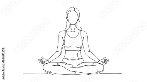Woman Meditating in Lotus Position with Calm Expression, Isolated on White, Line Art Style