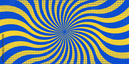 Abstract background design featuring a vibrant blue and yellow sunburst with spiral rays and halftone dots for creative pop art and comic style poster backgrounds.