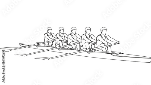 Rowing Team in Action on Water Continuous Line Art