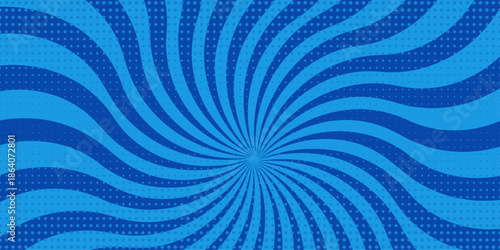 Retro Blue Sunburst Spiral Backdrop, Abstract Pop Art Style Comic Rays with Halftone Dot Pattern for Creative Digital Media Background.