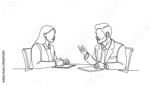 Businessman Discussing with Businesswoman at Desk, Line Art Illustration