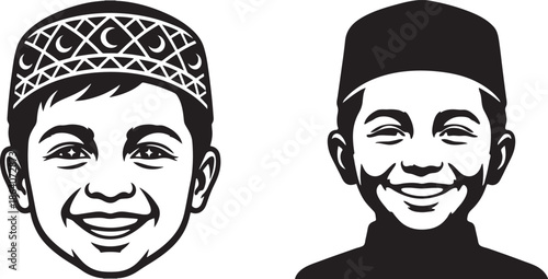 Smiling Muslim Boy Portraits, Minimalist Vector Face Icons of Islamic Children wearing Patterned and Plain Kufi Caps, Islamic Avatar Set