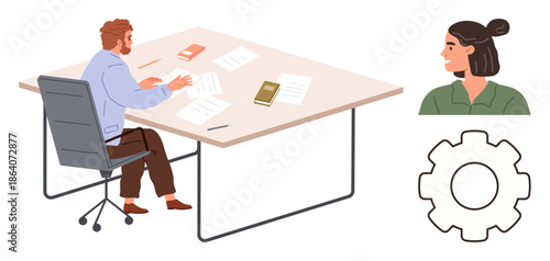 Business planning, teamwork, productivity, office workspace, brainstorming, project management. Man working at a desk, woman observing and a gear symbol. Business planning and teamwork
