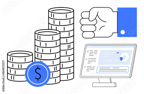 Financial planning, investment strategy, business management, economic growth, wealth creation, digital analytics. Stacks of coins with a dollar symbol, hand gesture, monitor displaying financial