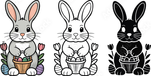 Easter Bunny silhouette & Outline and illustration set isolated on transparent background