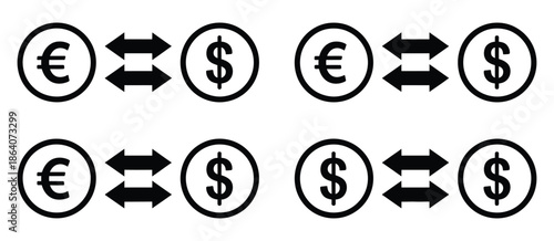 Dollar to euro exchange icon set, money conversion and forex transaction symbols representing currency exchange