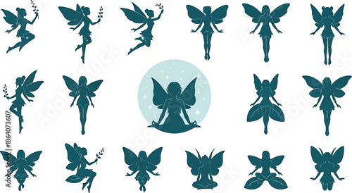 Diverse Collection of Winged Fairy Silhouettes in Various Poses, Mythological Fantasy Character Set, Transparent Background