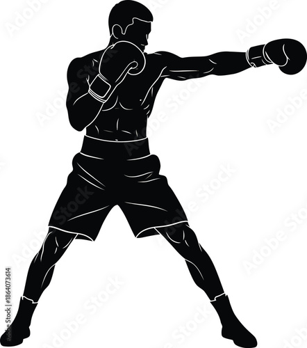 Powerful Black Silhouette of a Male Boxer Throwing a Lead Jab, Boxing Action Sports Graphic, Transparent Background