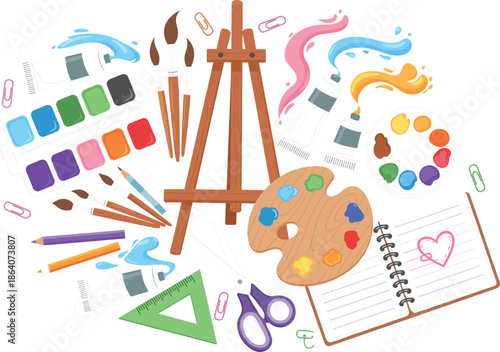 Creative art supplies icon set vector illustration with easel brushes paints palette and drawing tools for artists