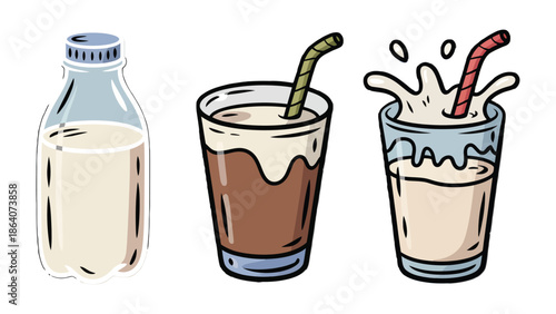 Creamy Indulgence: A collection of refreshing beverages, showcasing the simplicity of milk in a glass and a bottle. 