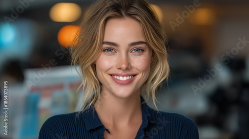 Wallpaper Mural Vibrant Portrait of a Cheerful Young Woman Indoors: Embracing Modern Casual Fashion in a Bright Office Setting Torontodigital.ca