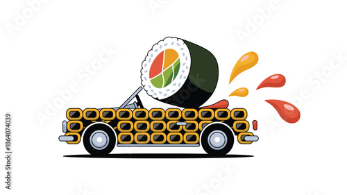 Fun illustration of sushi rolls in a playful car with sauce splatters
