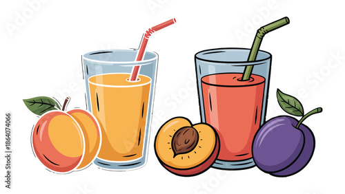 Juicy Refreshments: A vibrant illustration showcases two glasses of fresh, fruity juices, paired with ripe peaches and plums, promising a burst of natural flavor.