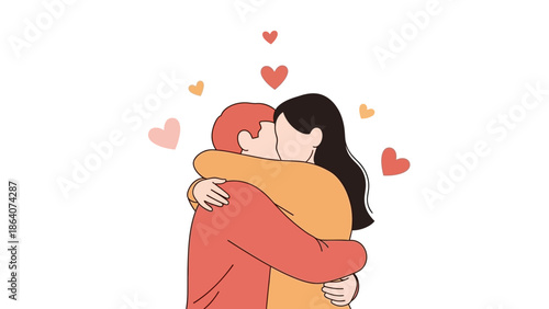 Couple Embracing with Hearts in Minimalist Illustration Style