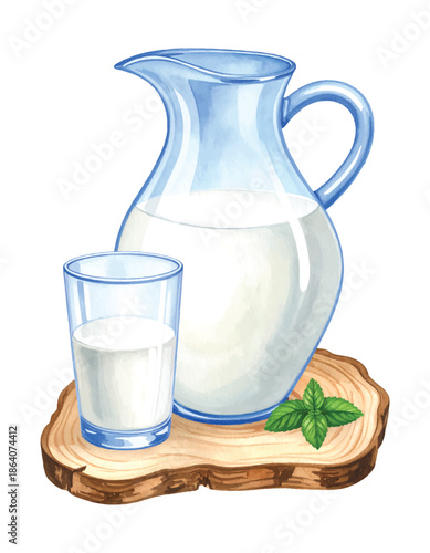 Watercolor pitcher and glass of milk on wooden slice with mint vector illutrastion transparent background