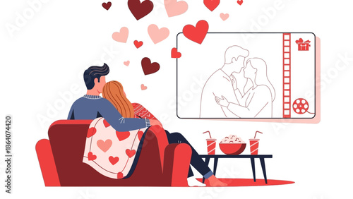 Couple Watching Romantic Movie at Home with Popcorn and Drinks