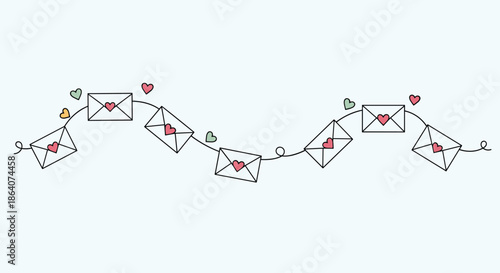 String of white envelopes with colorful heart seals hanging on a wavy line, creating a festive banner for Valentine's Day or love.
