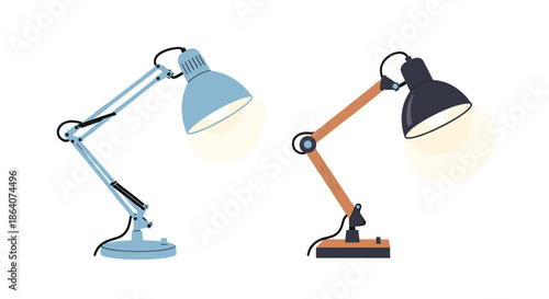 Illustration of two adjustable desk lamps in blue and black with wood accents, casting a warm light for a workspace or study area.