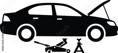 Black car repair silhouette illustration with jack and tools, automotive maintenance and mechanic service icon for garage, service, and repair designWeb