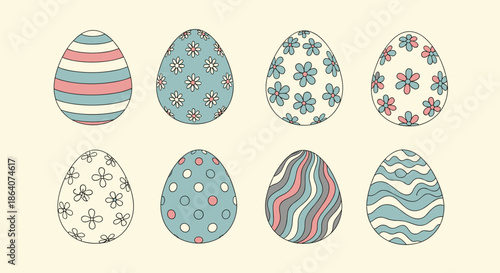 Eight beautifully patterned Easter eggs in soft pastel colors like blue, pink, and yellow, arranged neatly for a festive holiday design.