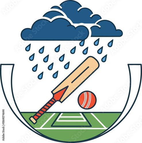 Cricket bat and ball under rain cloud, isolated on transparent background