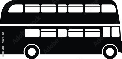 Black double decker bus silhouette illustration, minimalist public transport vehicle icon for city travel, urban commute, tourism, and transportation designWeb