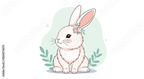 Cute white bunny rabbit with pink flowers tucked behind its ear sitting peacefully on a soft pastel green background with leaf decorations.