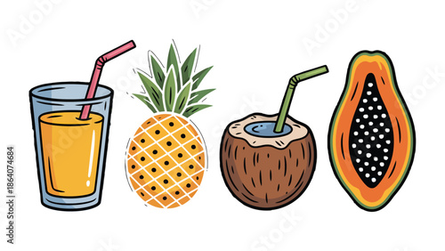 Tropical Refreshment: A vibrant array of summer fruits, including juicy pineapple, refreshing coconut water, a glass of freshly squeezed juice, and a vibrant papaya, all artfully arranged.