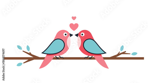 Cute Cartoon Birds in Love on a Branch with Hearts