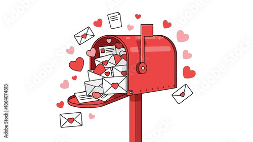 Red mailbox overflowing with love letters and hearts illustration