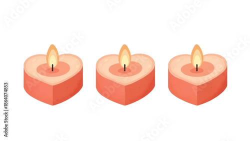 Heart-shaped candles with flames on a white background