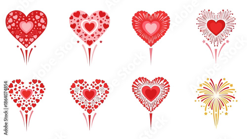 Set of Decorative Heart Fireworks with Red and Pink Patterns