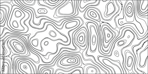 Black and white abstract topographic map pattern with intricate contour lines on a white background, ideal for scientific and geographical representations