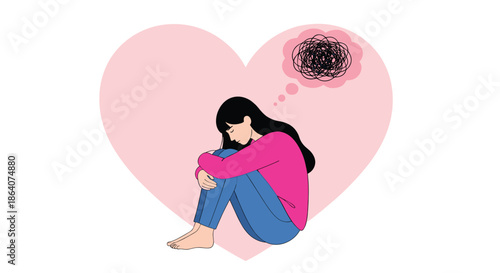 Sad woman sitting inside heart shape vector illustration representing depression anxiety emotional pain and mental health concept