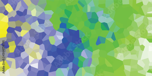 Colorful mosaic of irregular polygons transitioning from yellow and purple on the left to blue and green on the right, forming a vibrant abstract background