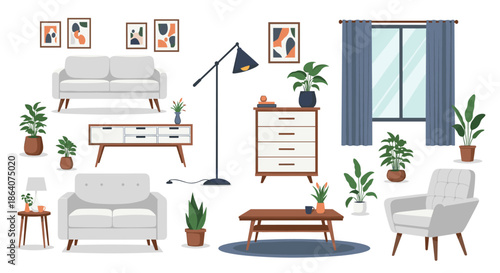 Modern living room interior furniture set featuring sofas armchairs potted plants and decorative storage units for home design and decoration.