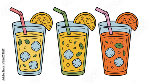 Refreshing Trio: A vibrant illustration showcasing three colorful juice drinks, each adorned with a fresh orange slice and straw, offering a visual treat.