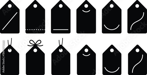 Blank price tag label silhouettes set illustration for retail sales, shopping discounts, product branding, and merchandising design, minimalist black vector icons.Web