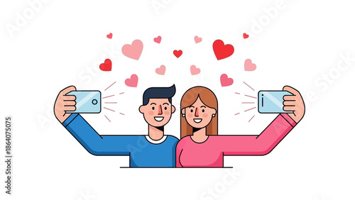 Happy couple taking selfies with heart icons in cartoon style