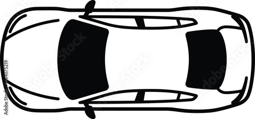 Car top view illustration showing vehicle outline from above perspective, transportation and automotive design concept, minimalist black vector artwork.Web