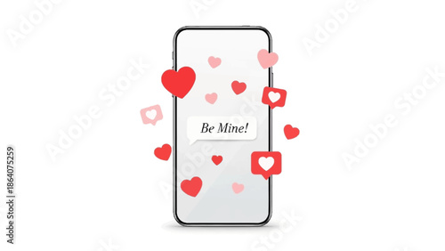 Smartphone screen with romantic heart icons and Be Mine message