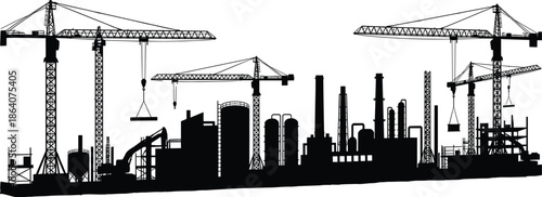 Construction city skyline silhouette illustration with cranes and urban buildings, real estate development and infrastructure growth concept, black vector artwork.Web