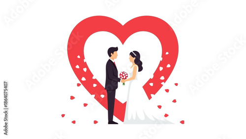 Bride and groom standing in front of heart symbol illustration