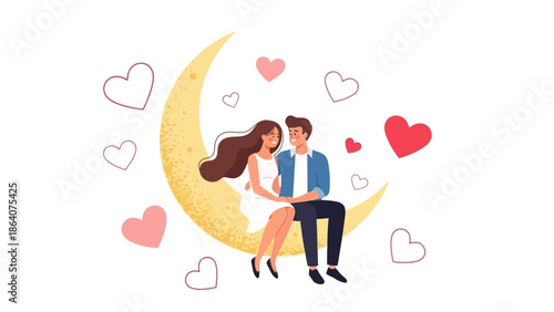 Romantic couple sitting on moon surrounded by hearts illustration