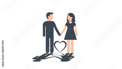Minimalist couple silhouette with heart symbol on white background