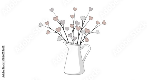 Charming illustration of heart-shaped flowers in soft pink and gray tones arranged in a white ceramic pitcher vase deco.