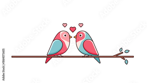 Cute cartoon lovebirds sitting on a branch with hearts
