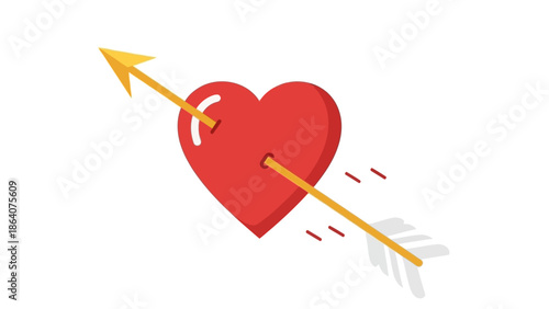 Red heart pierced by arrow on white background
