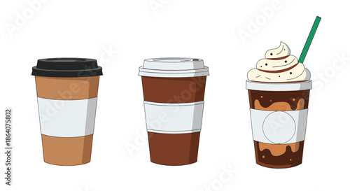 Three types of disposable coffee cups including a hot cup with a black lid and a frappe with whipped cream and straw.