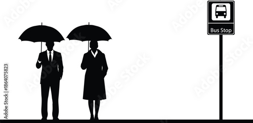 Business people waiting at bus stop with umbrellas silhouette vector illustration, commuter transport concept, black and white urban public transit scene design